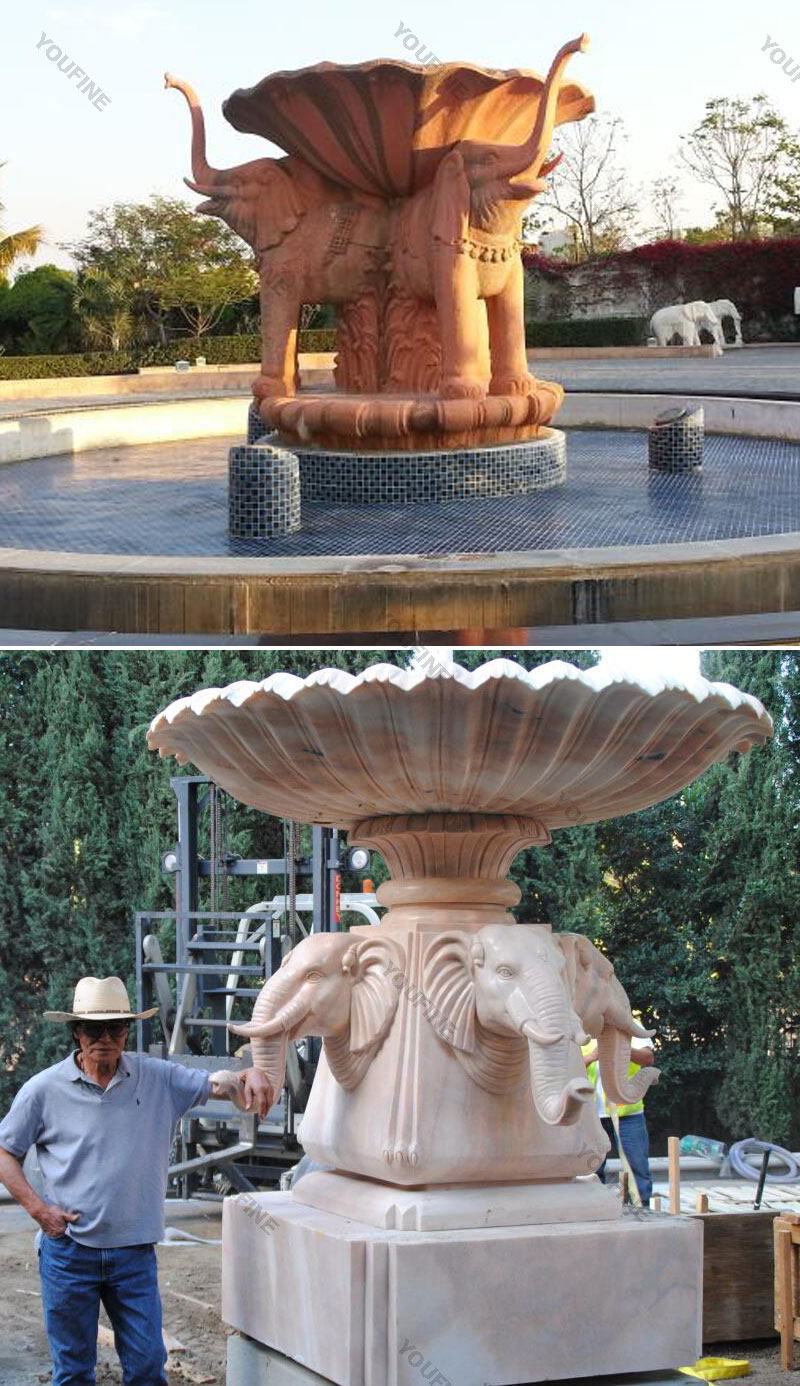 Outdoor large sunset marble stone water garden double elephant fountain for public decor