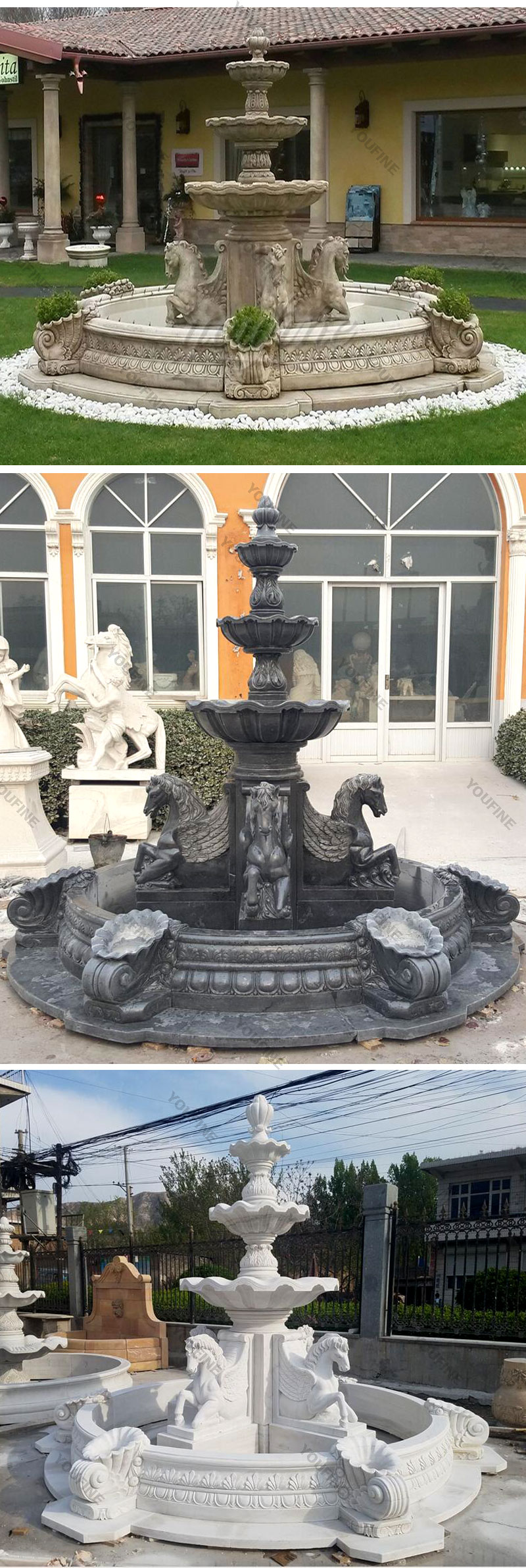 Outdoor marble water fountain with horse statues designs