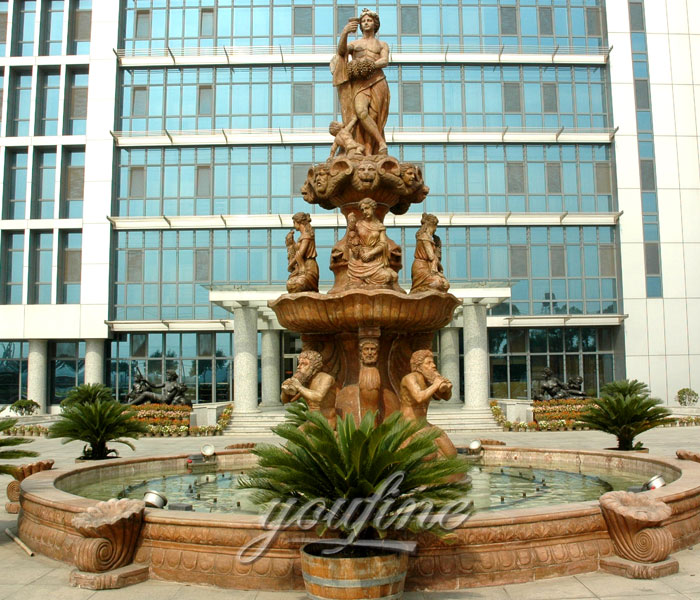 Outdoor grand style beige marble tiered statuary garden fountains with nude woman in stock