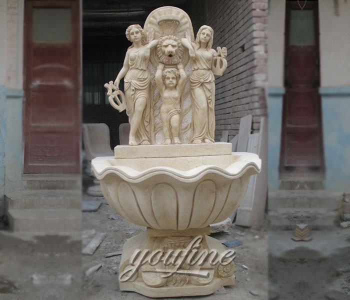 Small beige marble garden lion head wall fountains with angel decor indoor