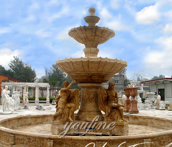 Large outdoor grand style beige marble statuary three tiers water fountains with sitting figures for sale