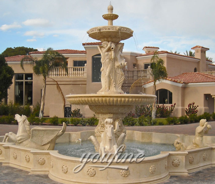 Hotel decor grand style outdoor beige marble water fountain with horse and female statues