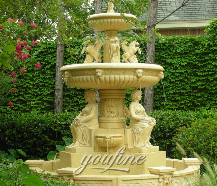 Outdoor luxury beige marble waterfall stone 3 tiers garden  fountain with  woman and horse statues price