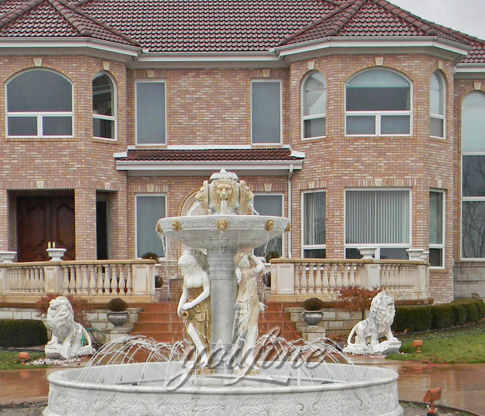 Outdoor grand water marble lion fountain with woman statues in the front of Villa