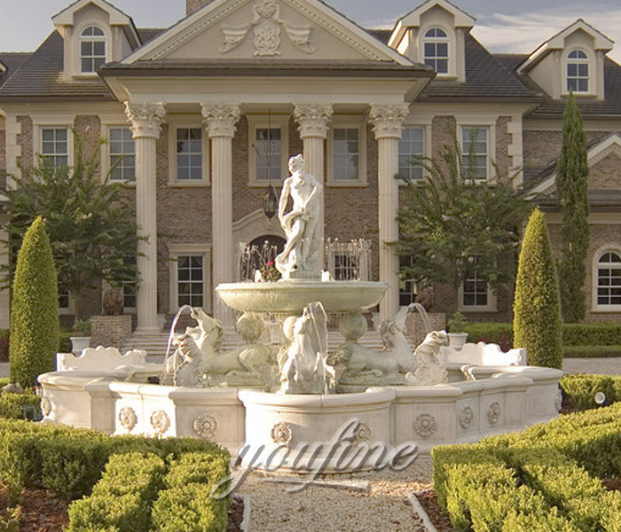 Outdoor grand marble animal water fountain with man statue in the front of house