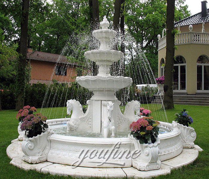 Outdoor classical 3 tiers pure white marble water features with horse for backyard ornaments