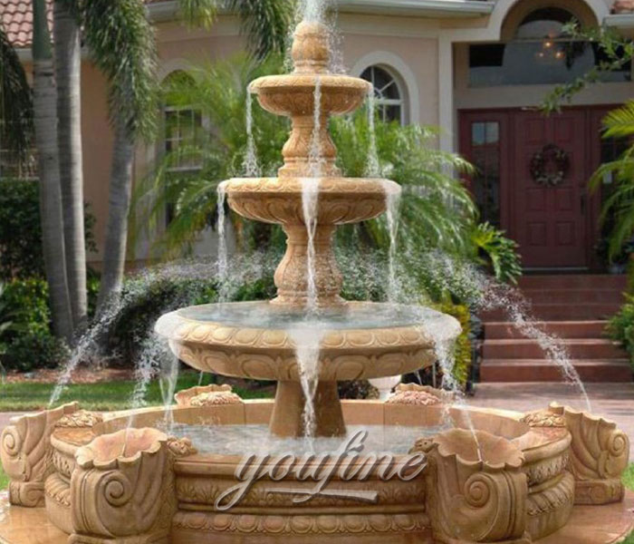 Outdoor antique classical 3 tiers beige marble stone water features for hotel decor