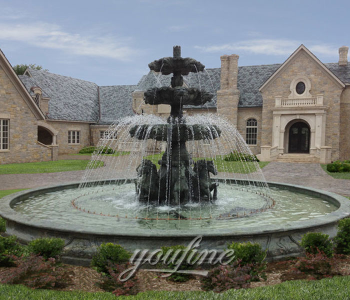 Large white marble tiered water fountain with horse statue outdoor for hotel