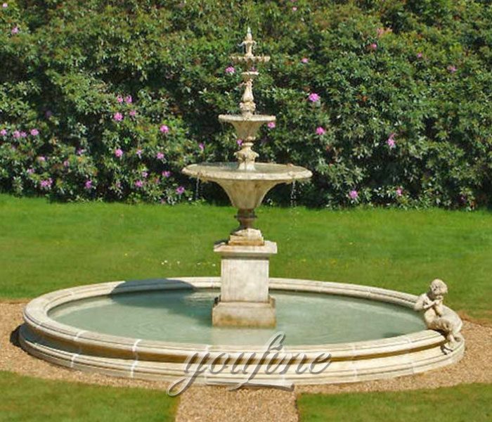 Large outdoor classical tiered water features carved from beige marble for hotel on sale