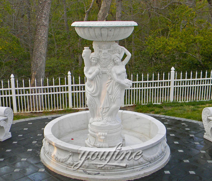 Small pond marble stone fountain with woman statues for bank
