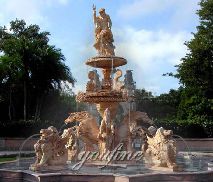 Grand outdoor horse&lion sunset red marble waterfall fountain with Poseidon statues in the center of the city