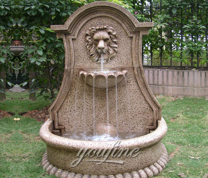 Outdoor sandstone small wall mounted lion head water fountain for garden decor
