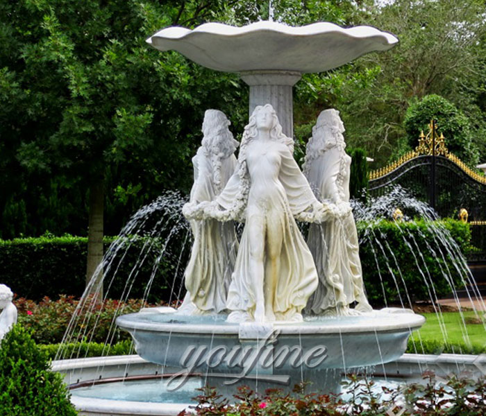 MOK-030 outdoor luxury white marble garden water fountain with lady statues hold hands design