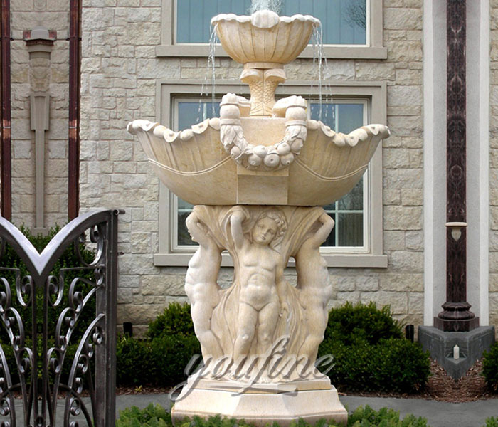 Outdoor stone water hotel fountains with cherub statues for sale